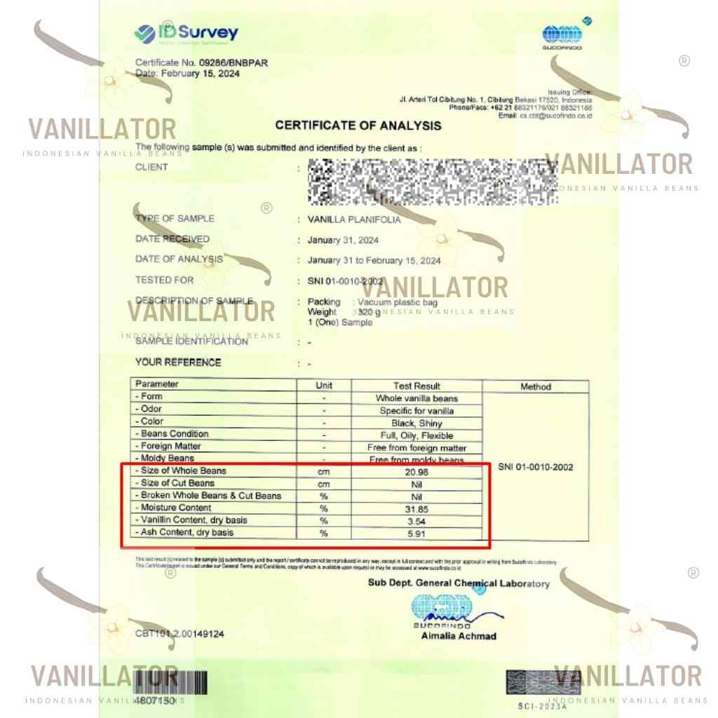 Certificate of analysis Vanillin Content 3.5%